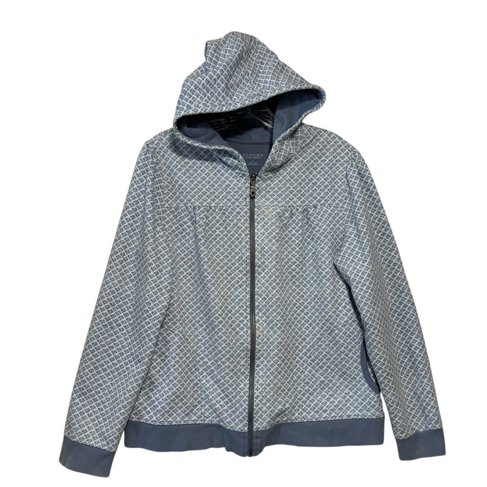 Sonoma Life & Style Blue & White Geometric Diamond Cotton Full Zip Hoodie LG